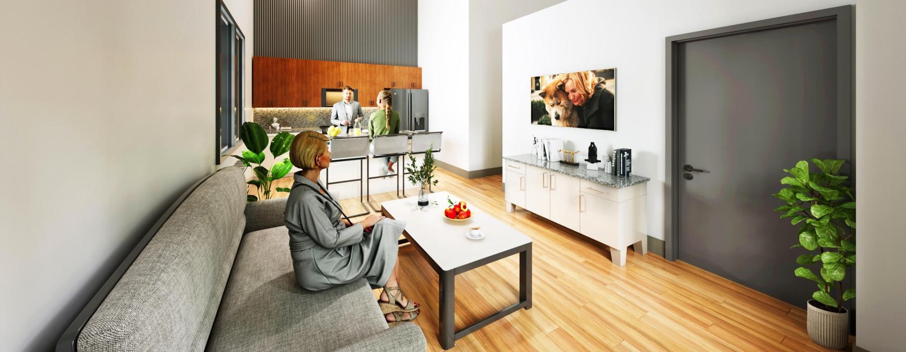 woman relaxes on her couch in living room